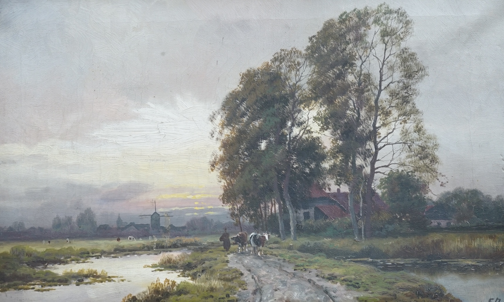 Ferdinand de Prins (Belgian, 1859-1908), oil on canvas, Wetlands with cattle, indistinctly signed lower right, A. Dechamps-Soiron label verso, 25 x 39cm. Condition - fair